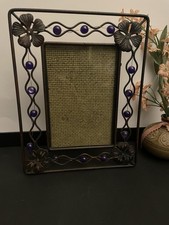 VTG Style Metal Picture Frame 4 X 6 Purple Beaded Floral Accent Glass Front