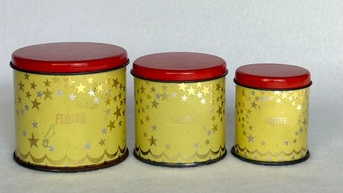 Mid Century Children's Wolverine Tin Litho Yellow Red Star Toy Canister Set 3