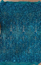 Phoebe TURQUOISE Sequins on Mesh Lace Fabric by the Yard - 10062
