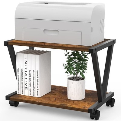 Retro Desktop Printer Stand 2 Tiers Under Desk Wood Printer Shelf Rustic Industr