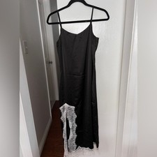 Elegant Black Satin Slip Dress with Lace Trim, S