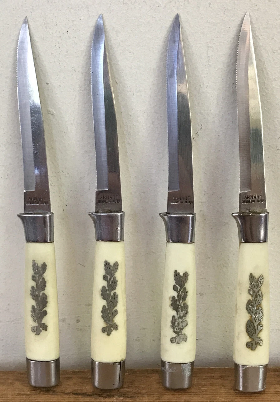 Set Lot 4 Arnart Stainless Japanese Serrated Steak Knives Sterling Silver Inlay