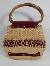 Rattan Purse Vinyl Lined Vintage Wood type Handle
