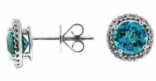 2.65CT ROUND DIAMOND  AAA BLUE TOPAZ ROUND 14KT WHITE GOLD HALO STUD EARRINGS