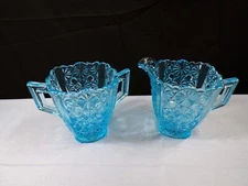 L.G. Wright Blue Glass Daisy & Button Creamer & Sugar Bowl Set