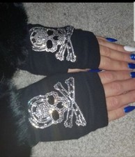 Fingerless Rhinestone Skull Gloves Crystal Bling Smartphone Text Black Faux Fur