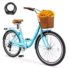 MOONCOOL 7 Speed Bike 24"Beach Cruiser Bike Step Through City Bikes Commute Bike