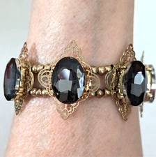 Filigree Stretch Cuff Bracelet Smoky Cabochon Vintage Victorian Revival Jewelry