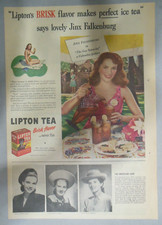 Lipton Tea Ad: Jinx Falkenburg Loves Lipton Ice Tea! 1940's Size: 11 x 15 inches