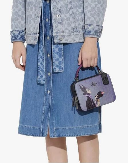 Borsa a tracolla Coach x Disney Maleficent motivo villain nuova con etichette nera C376