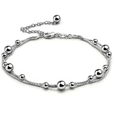 Italy 925 Sterling Silver Dual-Layer Beaded Link Chain Bracelet/Anklet for Women
