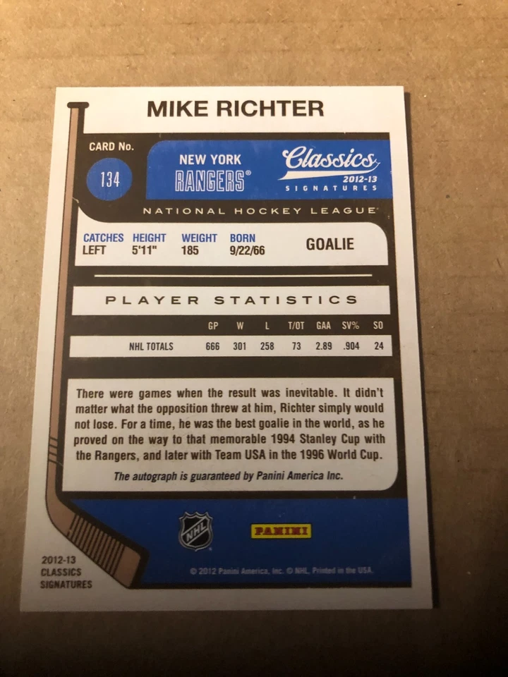 2012-13 Classics Signatures Autographs #134 Mike Richter — 第 2/2 张图片
