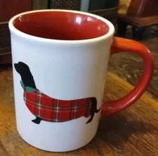 Winter Wonder Lane Dachshund Coffee Mug Holiday Cottage Plaid Sweater Holly Tie