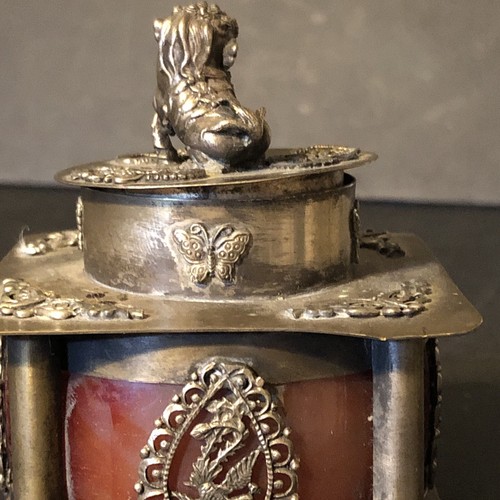 Vintage asiatischer tibetischer Weihrauchbrenner Silber Achat eingelegt Phoo Foo Hund Buddhismus - Bild 7 von 14