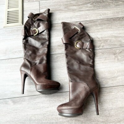 GUESS by Marciano Brown Buttery Leather Platform Heeled Knee