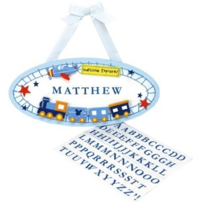 Disney Baby Boy Name Plaque Room Decor Door Hanger Train Airplane Stars Blue