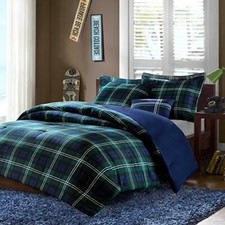 CLASSIC COZY BLUE GREEN WHITE NAVY STRIPE LOG CABIN PLAID SPORT COMFORTER SET