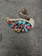 Gold Tone Multicolor Rhinestone Glass Swan An...