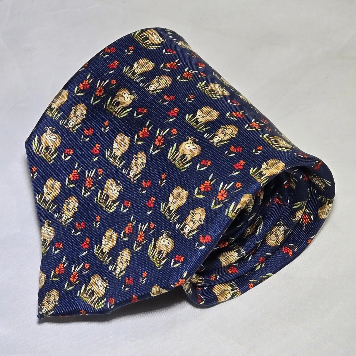 Salvatore Ferragamo Silk Tie Animal Cows Flower Field Italy Designer Auth Bulls