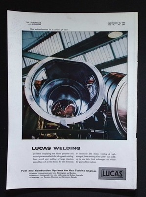 Original 1960 Reklame Lucas Schweißgasturbine Flugzeugbau