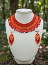 Handmade Beaded Choker Necklace Earrings Set Orange Red Tribal Boho Jewelry