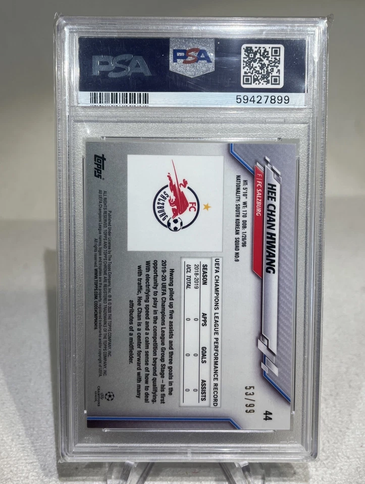 HEE CHAN HWANG 2019-20 Topps Chrome UCL Sapphire Yellow /99 Rookie RC #44 PSA 10 - Image 2 of 3