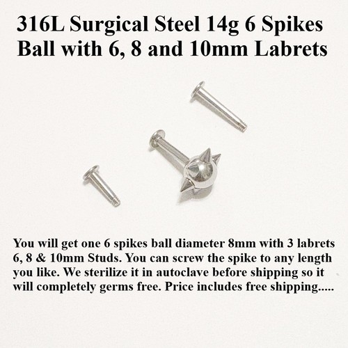 14g 6 SPIKES BALL with 6, 8 & 10mm Length Labrets Sterilize Surgical Steel. - Picture 3 of 9