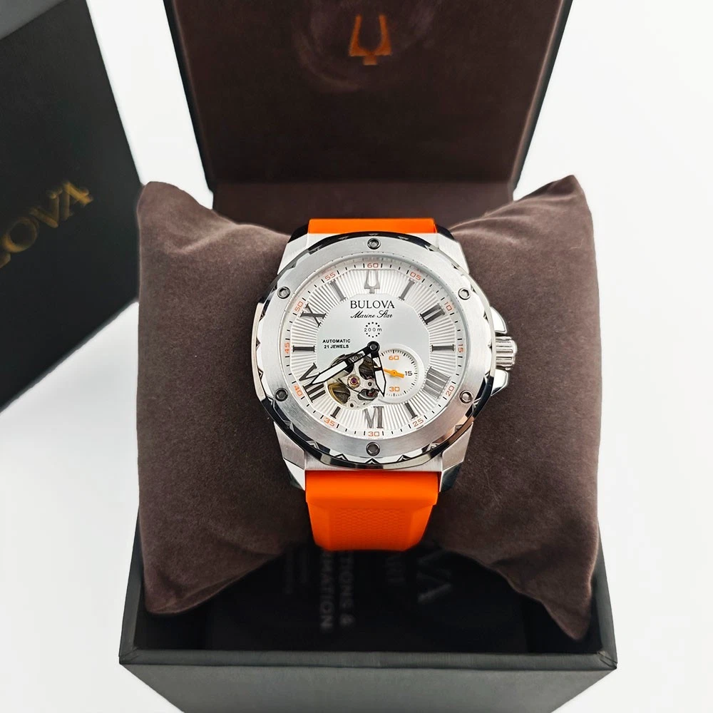 Bulova 98A226 Marine Star Silver Dial Orange Silicon Starp Men's 45MM Watch NEW