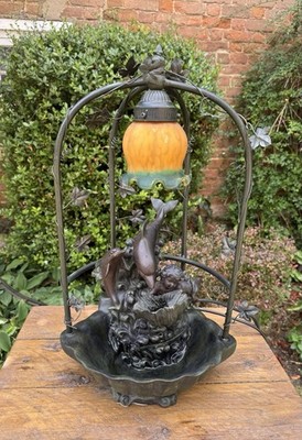 Delphin Cherub Wasserbrunnen Lampe Tulpenschirm Widdop Bingham FUNKTIONIERT Vintage