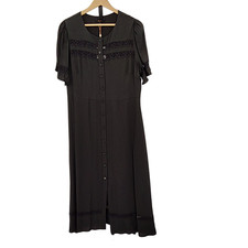 Quince Women Lightweight Crepe Lace Inset Midi Dress TRUE Black Basic Sleeved L