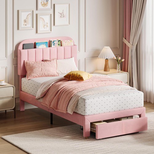 Kid Twin Size Platform Bed Frame w/ Storage Drawer, Velvet Upholstered Headboard - Picture 2 of 15
