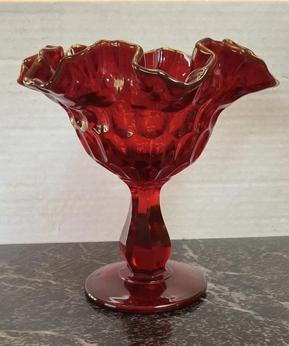 Vintage Fenton Ruby Red Thumbprint Pedestal Compote – Ruffled Edge