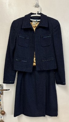 Episode Studio Marineblau Strukturiert Wollmischung Jacke & Rock Anzug Größe 10