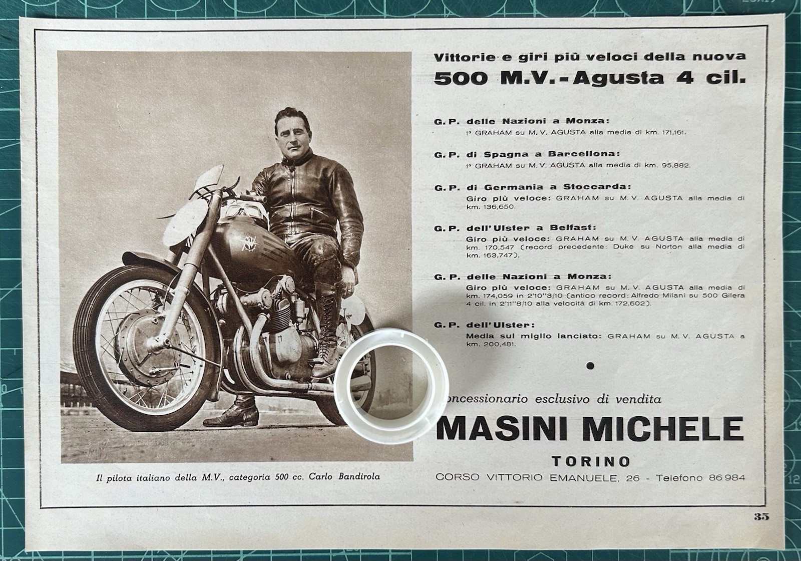 Rara Pubblicità M.V. 500 AGUSTA 4 Cilindri di Bandirola del 1953