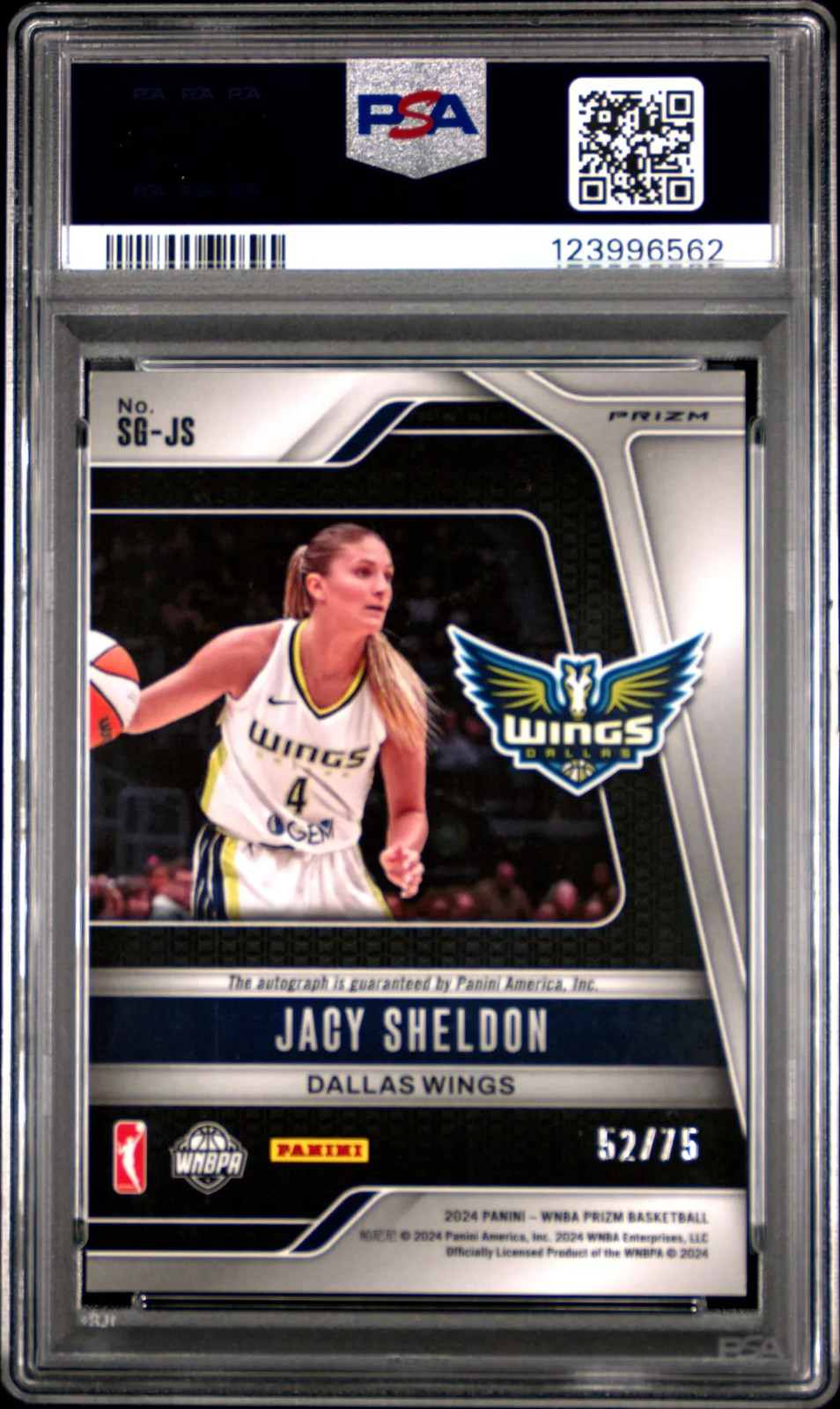 2024 Panini Prizm WNBA Jacy Sheldon RC Auto Blue /75 PSA 8 view 2