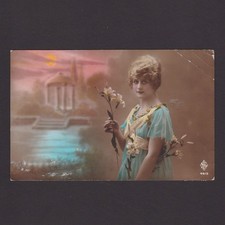 Vintage color postcard, Girl in blue dress with flowers, Posted in 1922 Belgium