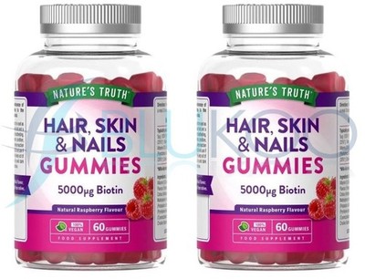 Nature's Truth Haar Haut Nägel Biotin 5000ug Himbeere - 60 Gummis (2er Pack)