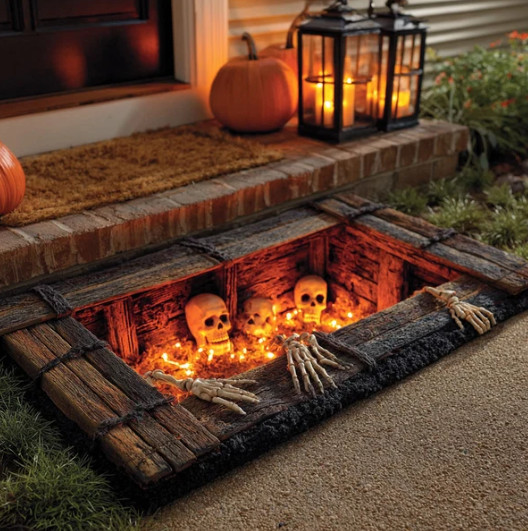 3D Skeleton Pit Halloween Rug, Fire Trapdoor Optical Illusion Spooky Floor Mat