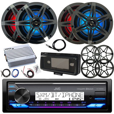 JVC Marine Receiver, 4x 6.5'' LED Speakers, 8x Grilles, Amp w/Kit, Cover, Antenna