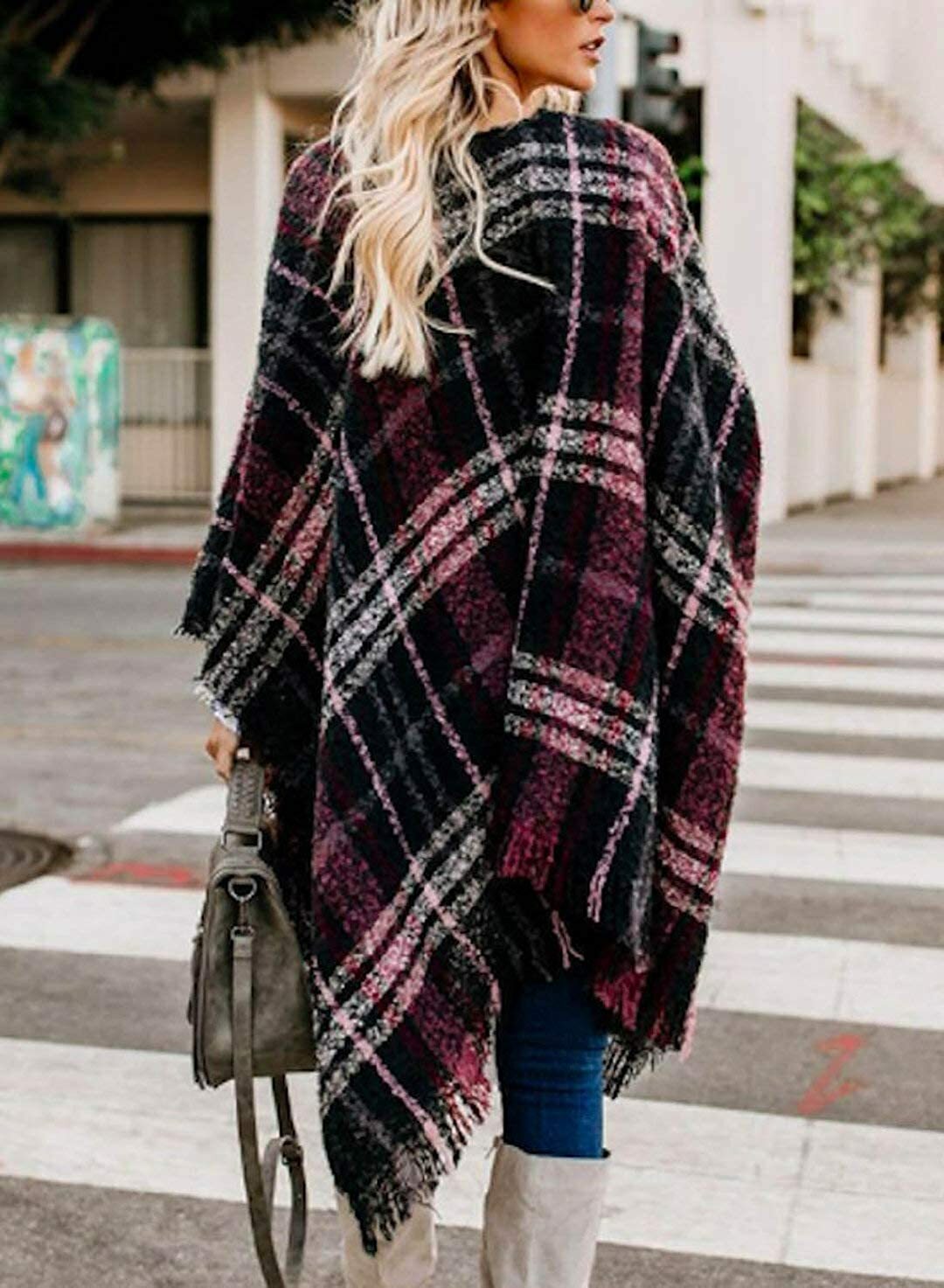 Women Buffalo Plaid Poncho Pashmina 