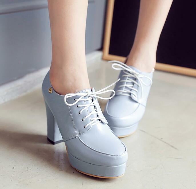 Women Lace Up Round Toe Leather Boots Chunky Heel Pu Leather Pump Shoes