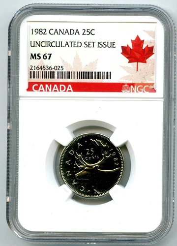 1982 CANADA 25 CENT NGC MS67 CARIBOU QUARTER RED MAPLE LEAF LABEL
