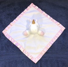 Unicorn Baby Lovey Security Blanket White Gold Dots Pink Satin Trim 14x14x14x14