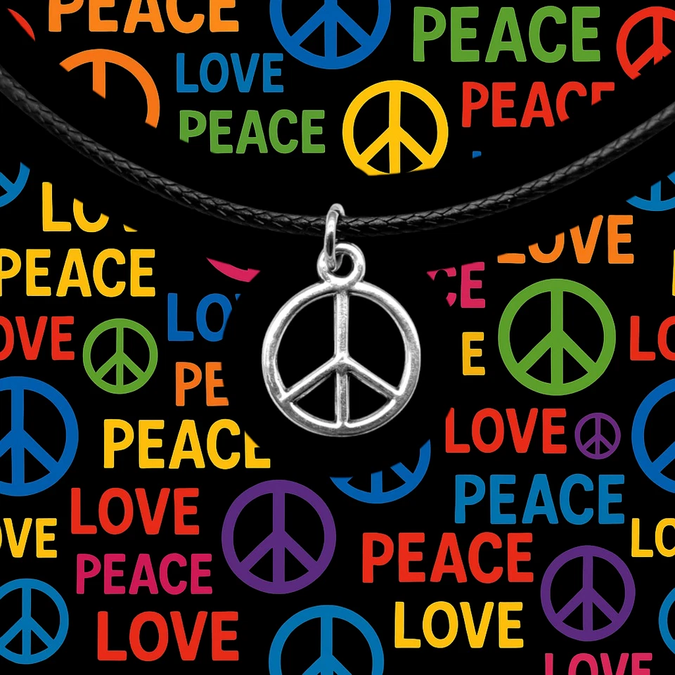 Collana Girocollo simbolo della PACE in Cordino Nero Ciondolo Argento Uomo Donna - Immagine 3 di 4