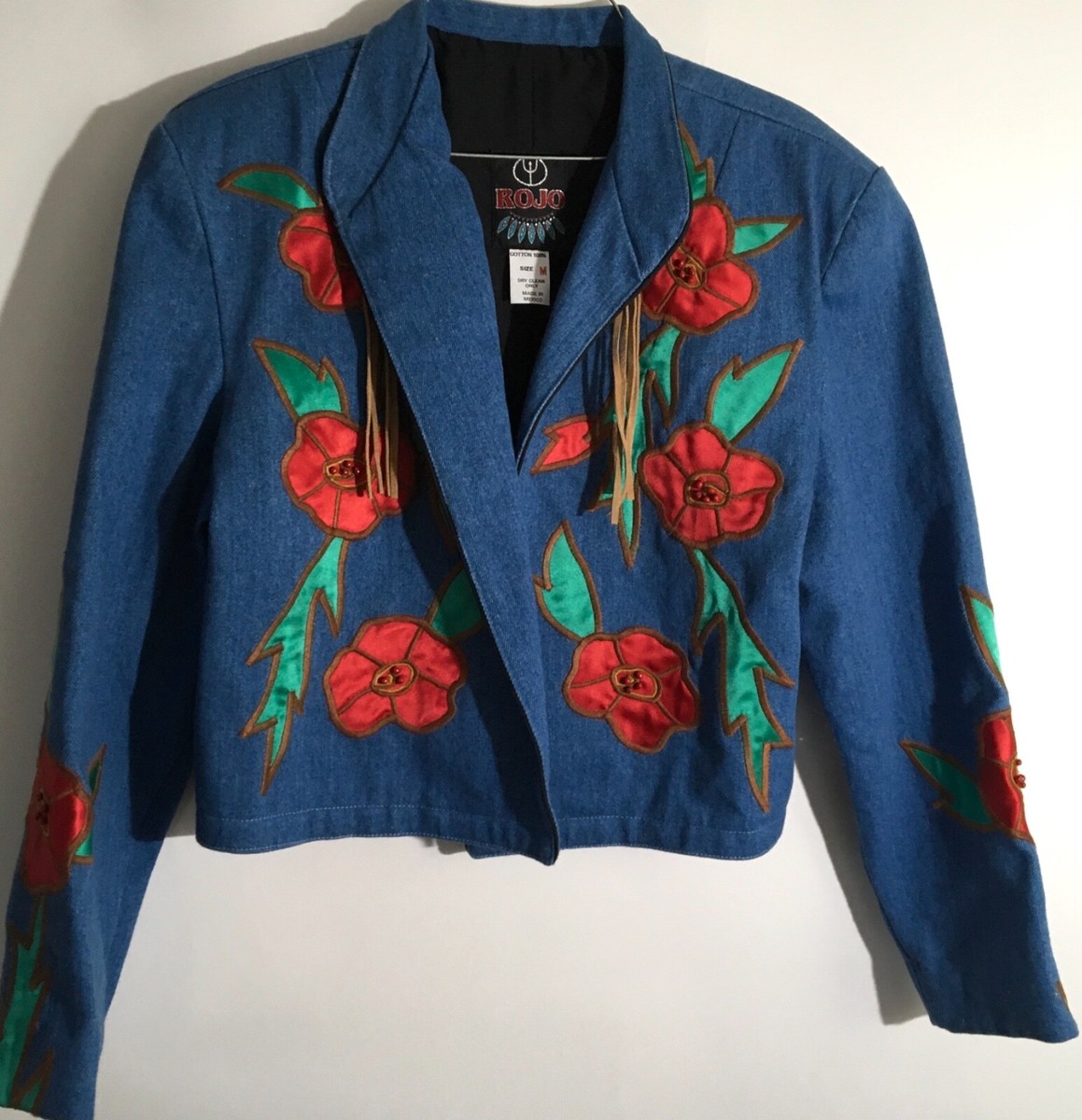 Rojo Women's Sz Medium Denim Floral Cropped Blazer Jacket