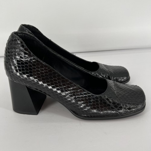 Y2K Vintage Leather Heels Square Toe Size 8.5 Snakeskin Print Black Whimsigoth - Picture 3 of 10