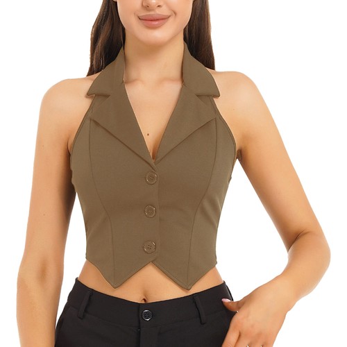 Women's V Neck Vest Lapel Halter Backless Button Down Pointed Hem Crop AU - Picture 43 of 53