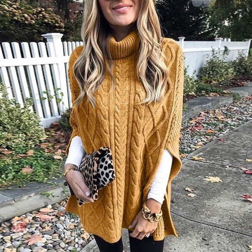 Damen Herbst Winter Rollkragen Poncho Pullover Grobstrick Cape Wickelpullover Oberteil - Bild 21 von 72
