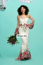 Floral wedding dress in White , Color wedding dress with sleeves, Embroidery