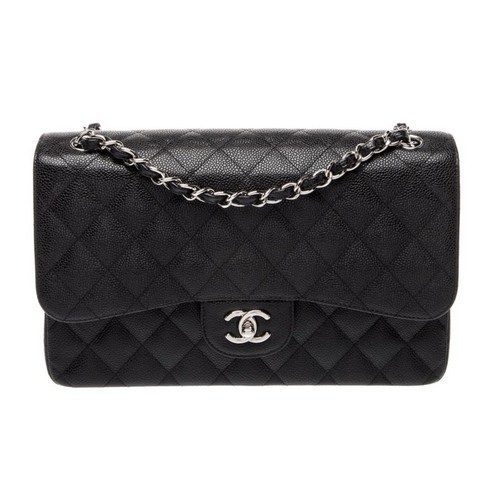 CHANEL Classic Double Flap Jumbo Shoulder Bag in Black Quilted Caviar Leather